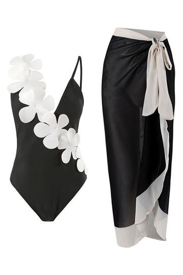 Svart Vit One Piece V Neck Beach Badkläder med 3D Blommor